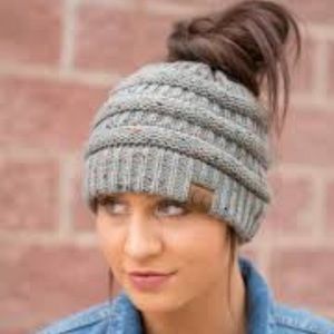New Never Worn Grey Comfortable Messy Bun Beanie